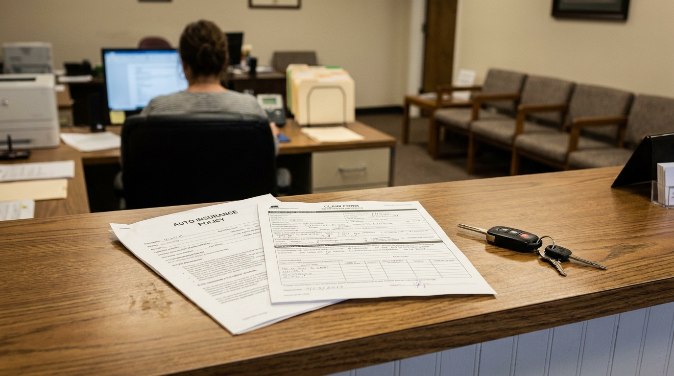 Tupelo Mississippi Auto Insurance Claim Form and Car Keys Auto insurance policy and claim form with car keys on office counter