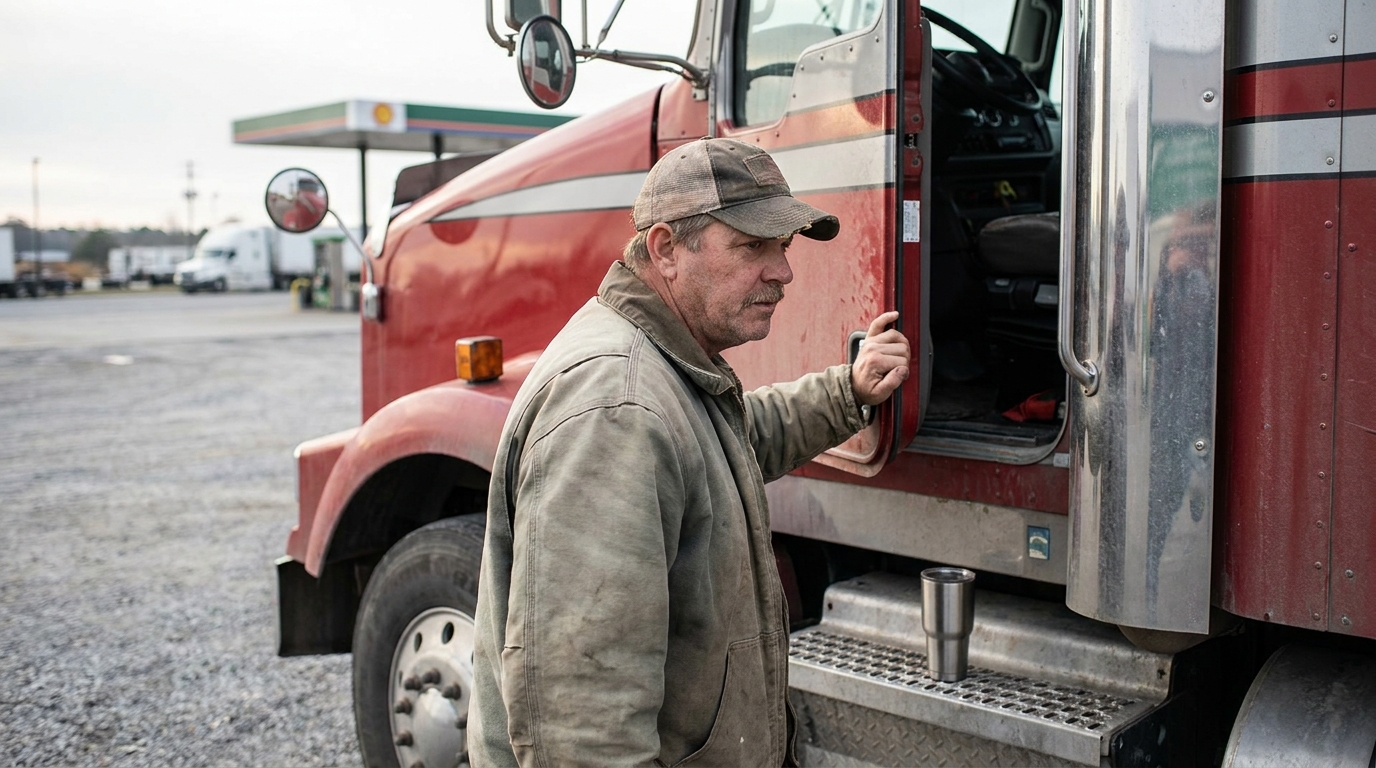 Commercial Truck Driver Boarding Semi Truck South Carolina truck driver opening cab door of semi-truck at commercial fuel stop