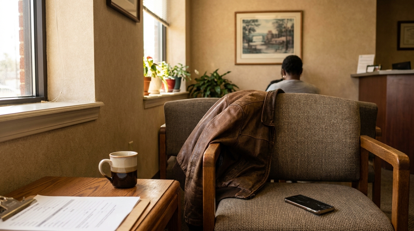 Truck Accident Victim Waiting at Jackson MS Law Office law firm waiting room with leather jacket, coffee mug, and documents on table