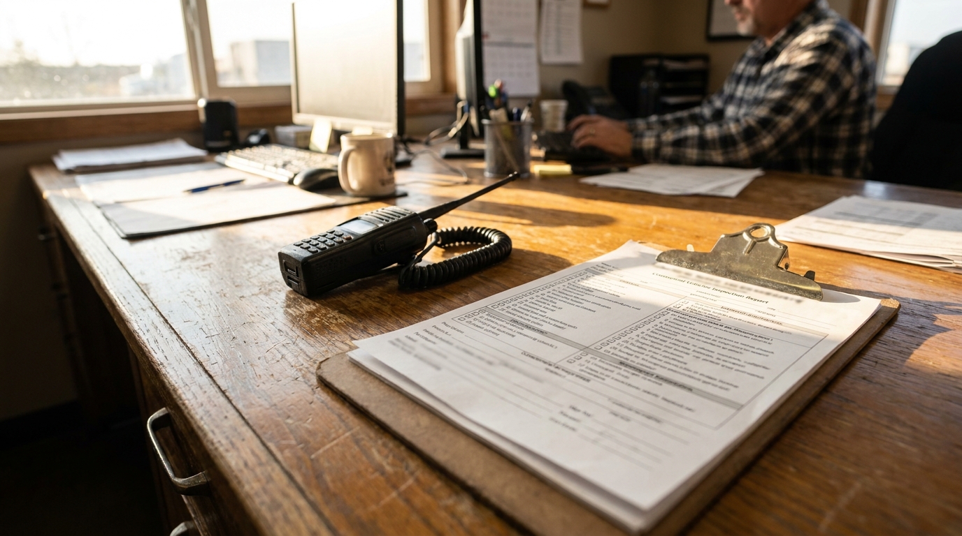 Commercial Vehicle Inspection Report Desk Tupelo Mississippi commercial vehicle inspection report on clipboard beside two-way radio on wooden desk