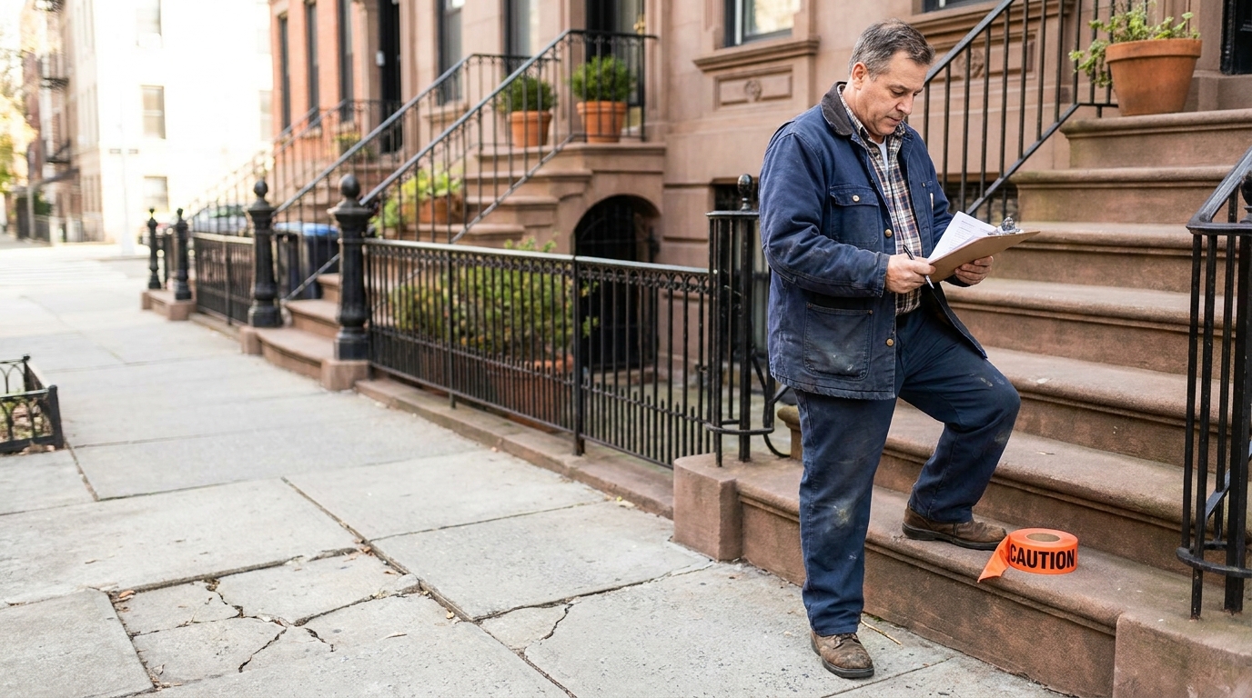 man writing on clipboard near caution tape on cracked sidewalk steps