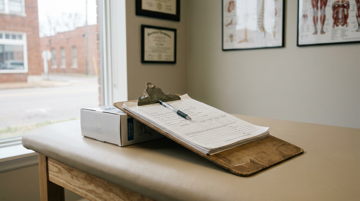 Memphis Car Accident Injury Claim Forms at Medical Office clipboard with medical intake forms and pen resting on cervical collar box in clinical exam room