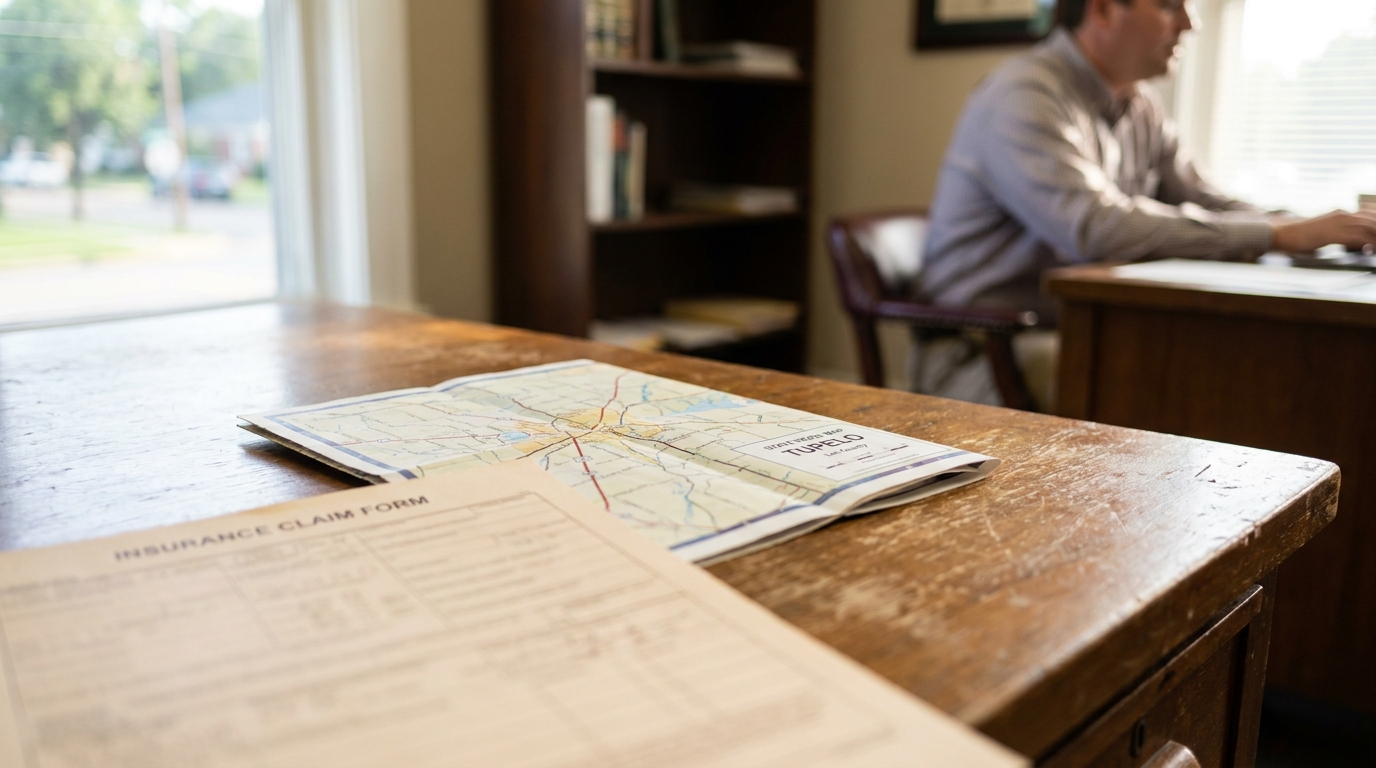 Tupelo Mississippi Insurance Claim Form Car Accident Lawyer Insurance claim form and Tupelo street map on wooden desk in law office