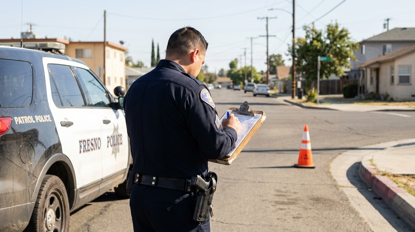 Fresno Police Officer Filing Accident Report on Street Fresno Police officer writing notes on clipboard beside patrol vehicle at street scene