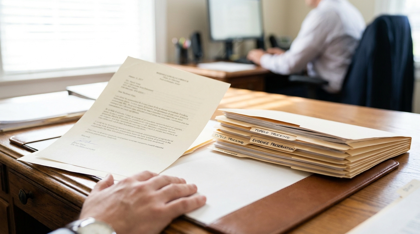 Tupelo Attorney Reviewing Spoliation Letter Truck Accident Evidence attorney reviewing Tupelo Trucking evidence preservation case files on desk
