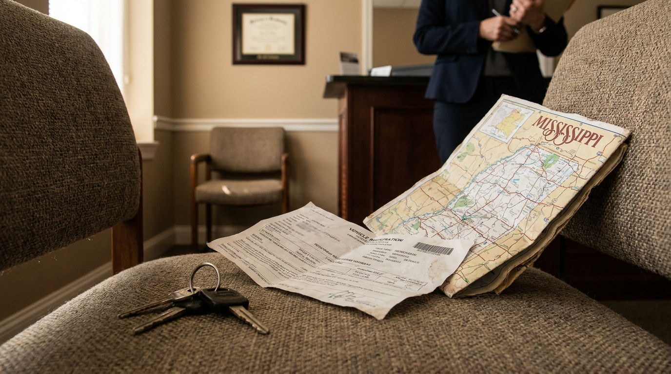 Columbus Mississippi Wrongful Death Attorney Office Consultation Mississippi road map, vehicle registration document, and car keys on office chair