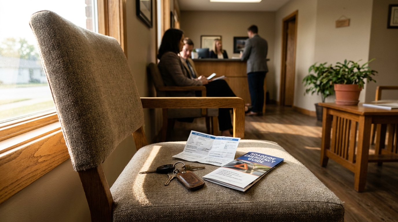 Columbia SC Car Accident Lawyer Office Consultation car keys and Roadside Emergency Guide brochure on waiting room chair in law office