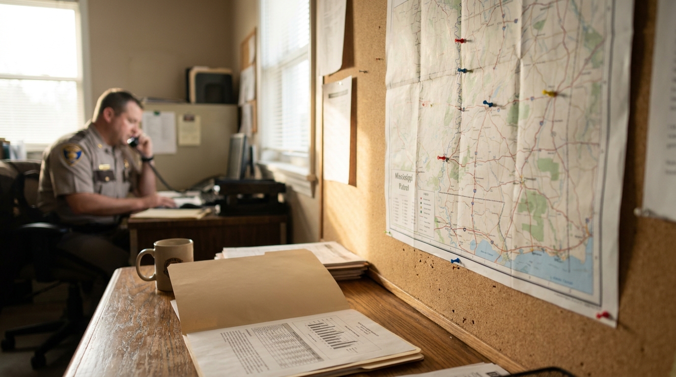 Mississippi Patrol Officer Reviewing Fatal Crash Statistics Columbus law enforcement officer on phone at desk beside Mississippi Patrol map with pins