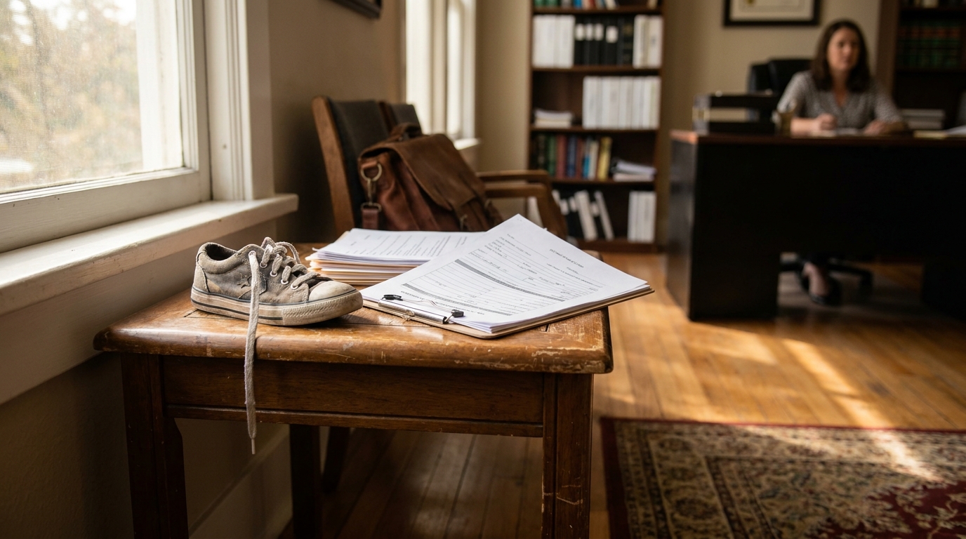 Sacramento Child Injury Claim Lawyer Office Consultation worn child's sneaker and legal documents on wooden table in law office