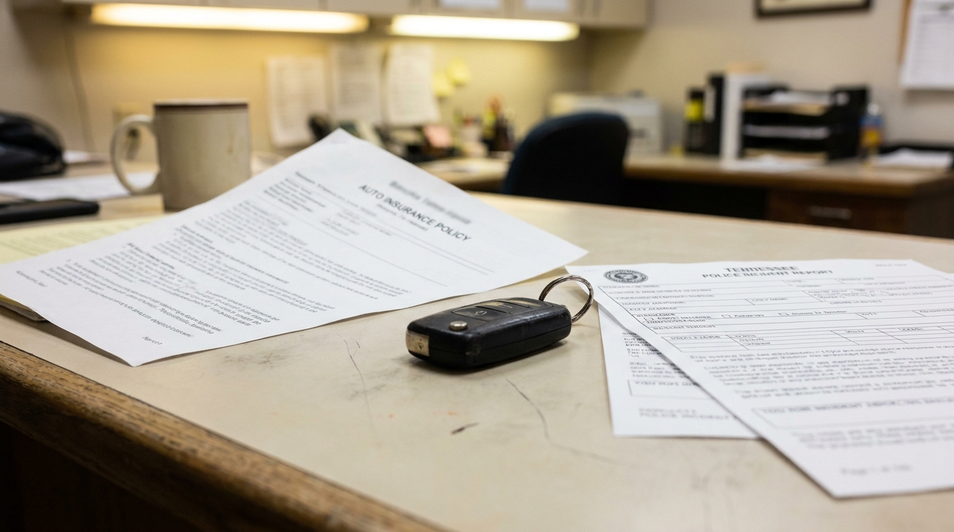 Tennessee Police Report and Auto Insurance Policy Memphis Car Accident auto insurance policy document, Tennessee police incident report, and car key on desk