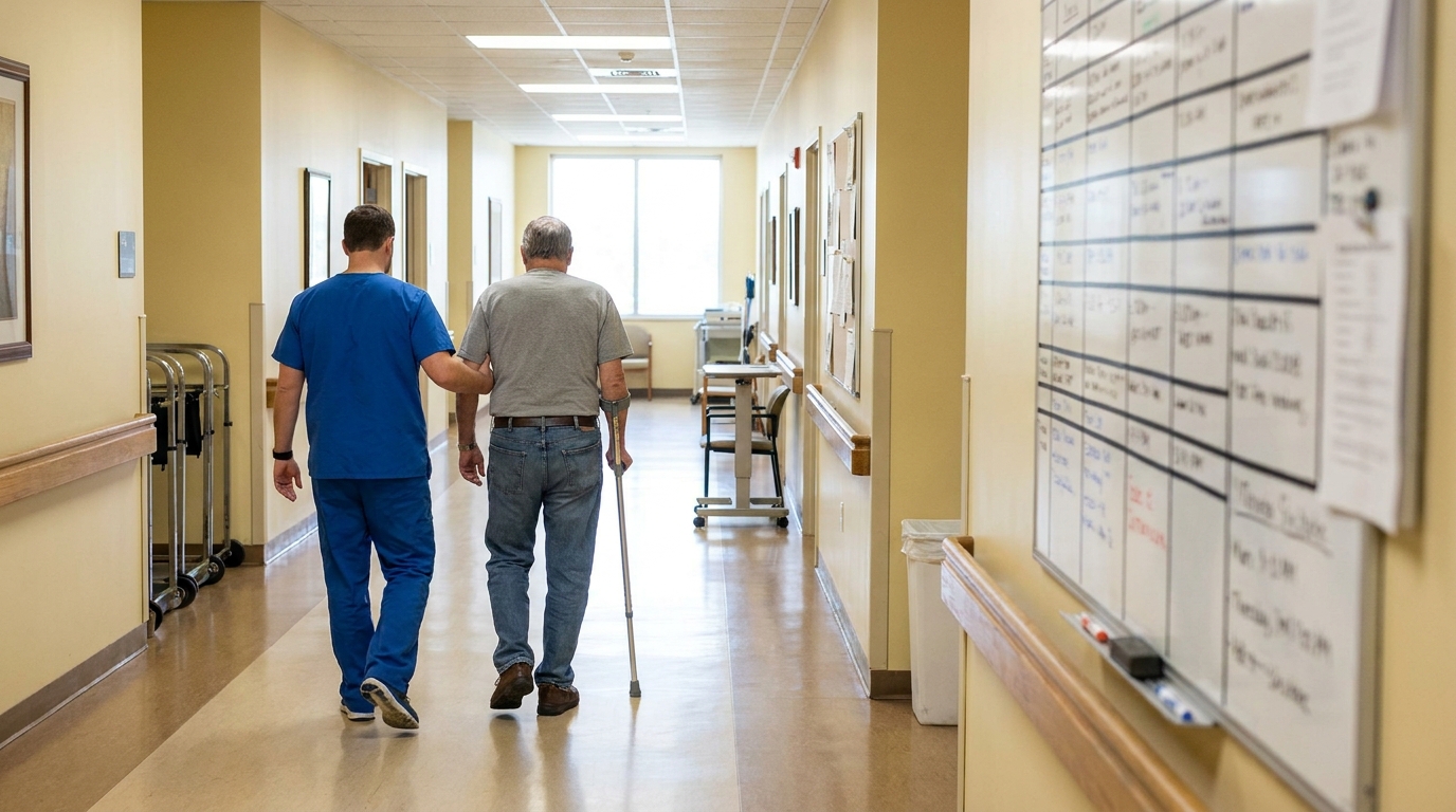Spinal Cord Injury Rehabilitation Patient Tupelo Mississippi medical staff in scrubs assisting elderly patient with cane down hospital hallway