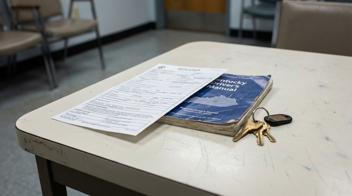 Traffic Citation and Driver Manual Lexington SC Distracted Driving Kentucky Driver's Manual, traffic citation form, and car keys on desk
