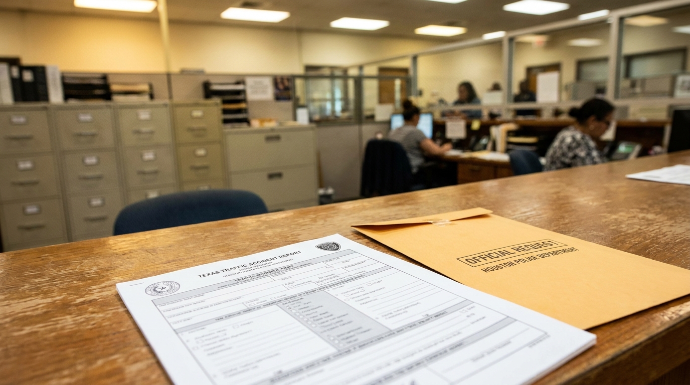 Texas Traffic Accident Report form on desk inside Houston Police Department office
