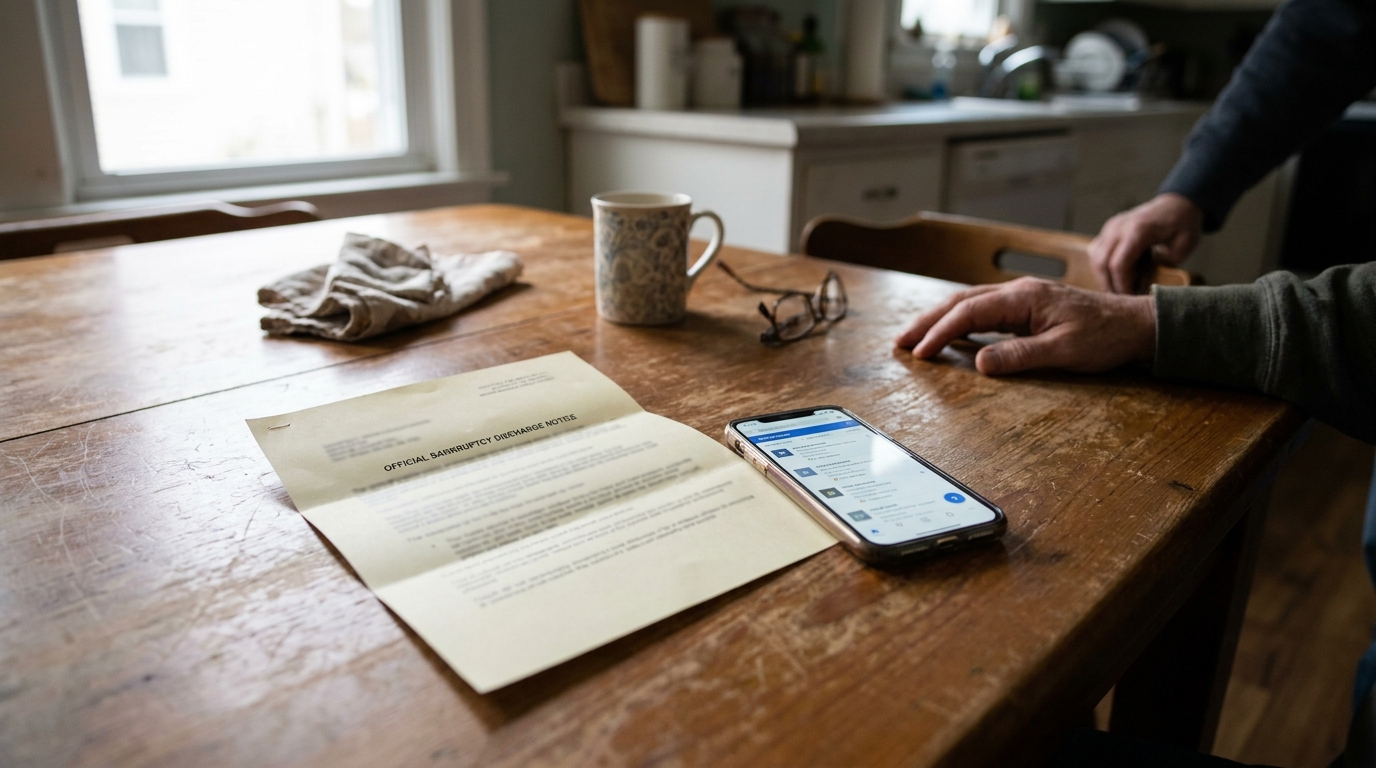 Chapter 7 Bankruptcy Discharge Notice Worcester MA Official Bankruptcy Discharge Notice document and smartphone on wooden kitchen table
