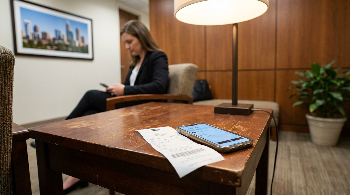 receipt and smartphone on wooden table with professional woman seated in office waiting area