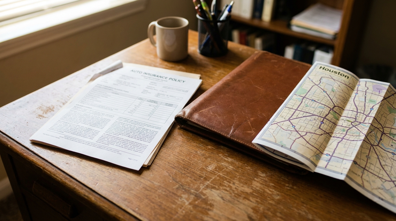 Houston Auto Insurance Policy and City Map on Desk Auto Insurance Policy document and Houston road map on wooden desk