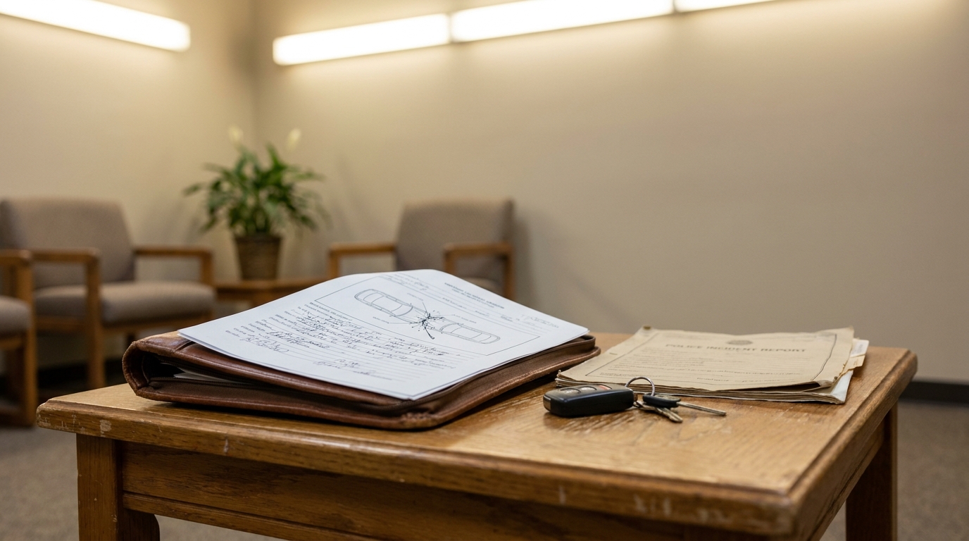 Columbia SC Personal Injury Claim Documents and Police Report police incident report, car accident diagram, and car keys on wooden table