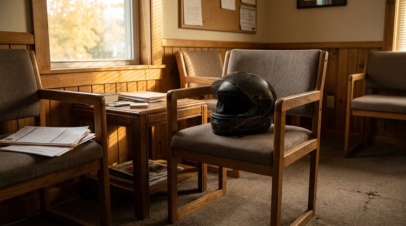 motorcycle helmet resting on waiting room chair beside legal documents