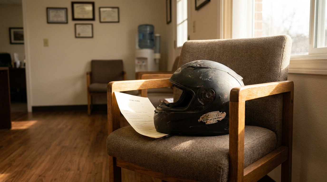 Columbia SC Motorcycle Accident Lawyer Office Helmet Claim Form motorcycle helmet and intake form resting on chair in law office waiting room
