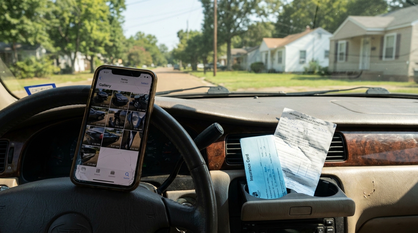 Car Accident Evidence Photos Insurance Card Jackson MS smartphone displaying accident photo gallery beside insurance card and police report on car dashboard