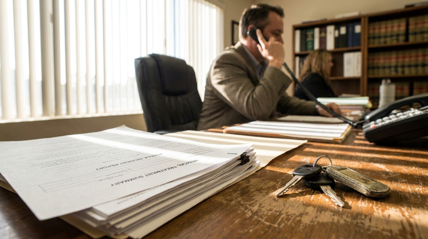 Fresno Truck Accident Lawyer Reviewing Claim Documents attorney on phone beside medical treatment summary and vehicle incident report documents