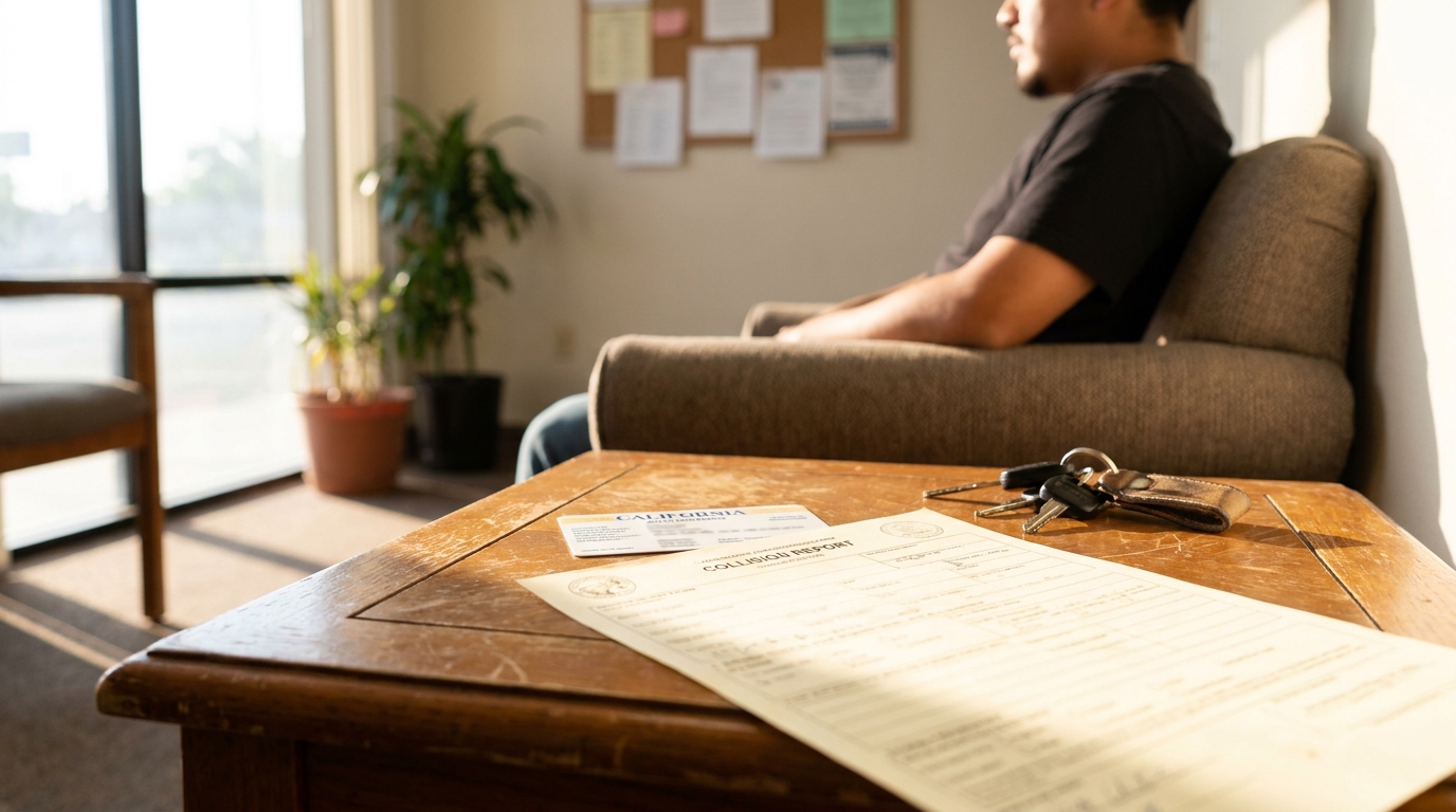Fresno Car Accident Victim With California Collision Report California Collision Report form and car keys on wooden table with man seated nearby