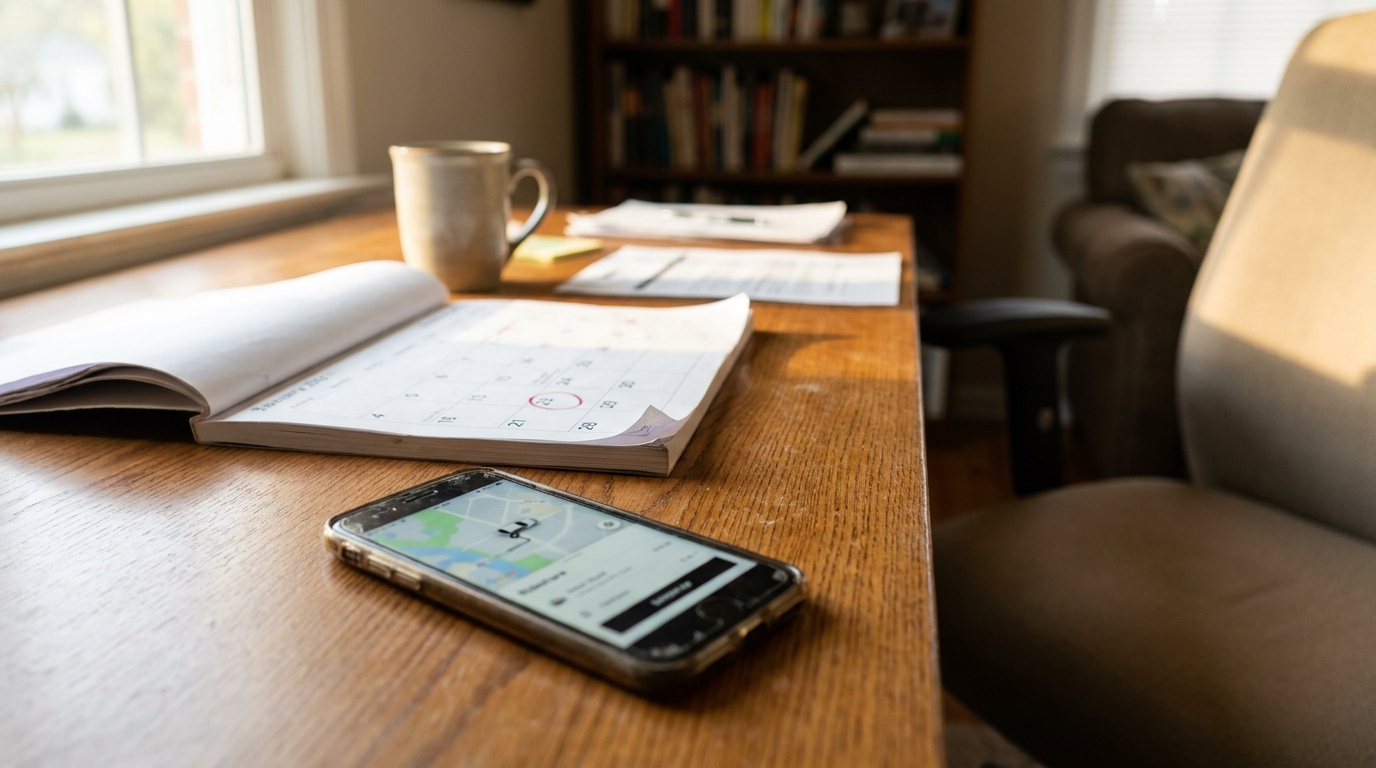 smartphone displaying map app beside open calendar planner on wooden desk
