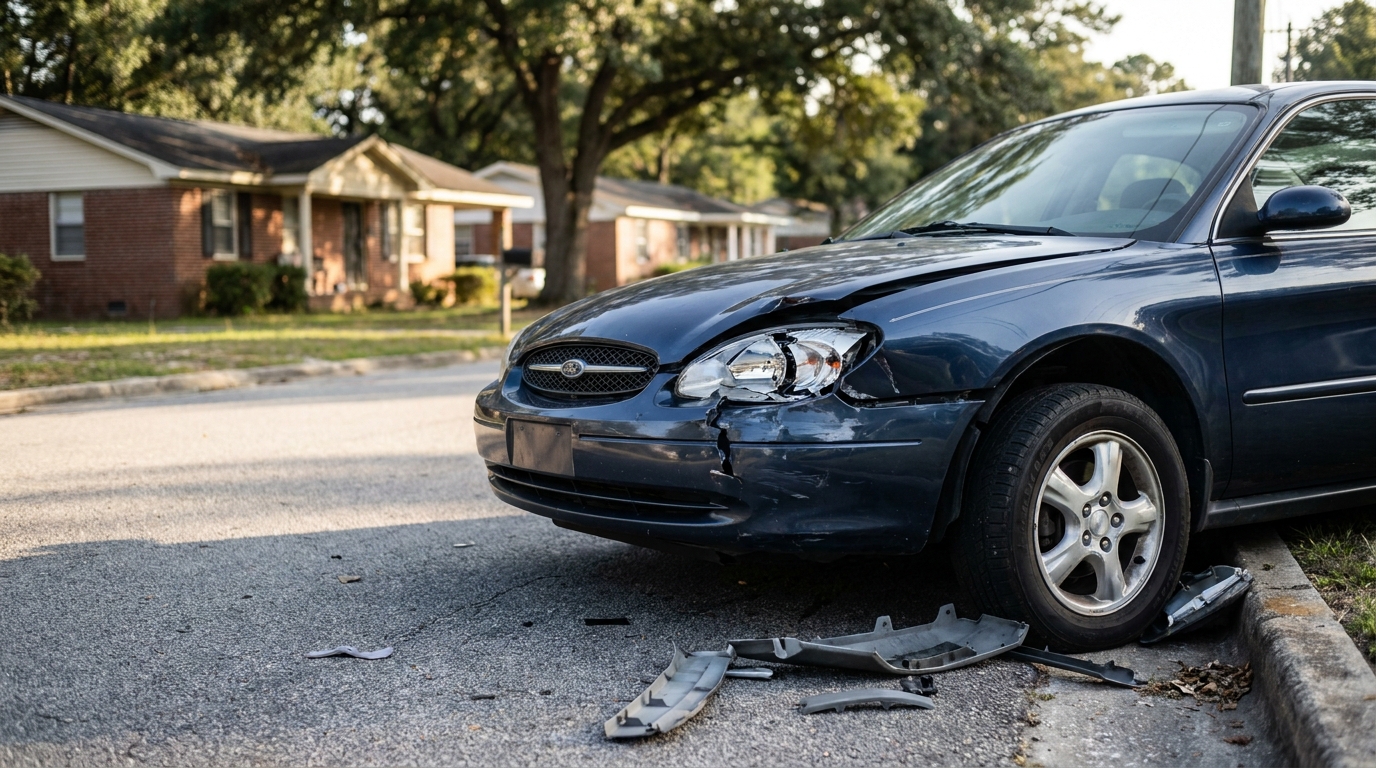Orangeburg Hit-and-Run Crash Damage on Citadel Road SC sedan with crushed front bumper and scattered debris on residential street