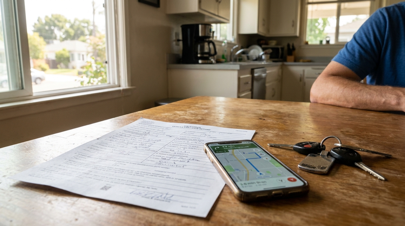 California Vehicle Collision Report Form With Car Keys California Vehicle Collision Report form, smartphone with navigation map, and car keys on wooden table