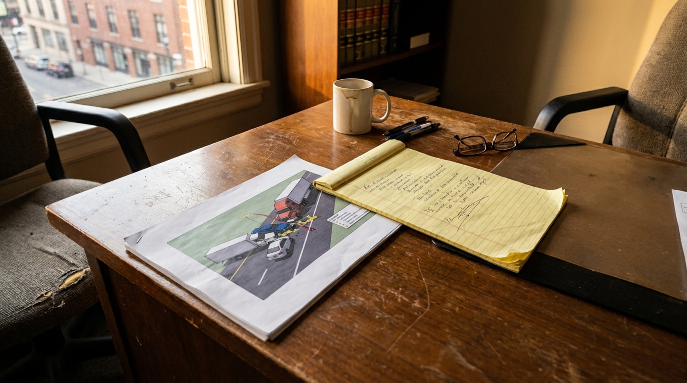 Columbus MS Truck Accident Lawyer Desk With Case Notes attorney desk with truck accident diagram and handwritten legal notepad