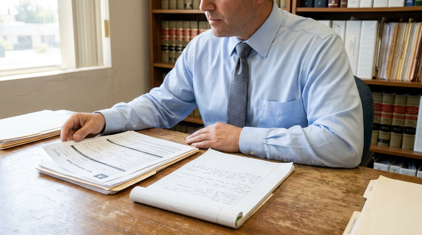Car Accident Attorney Reviewing Claim Documents Santa Ana attorney reviewing auto insurance claim form and handwritten notes at desk