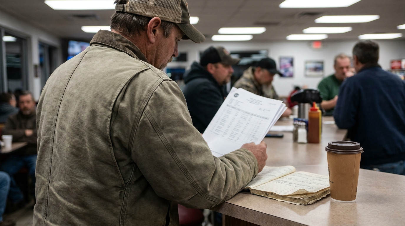 Truck Driver Reviewing Logbook Documents Tupelo Mississippi worker reviewing printed documents and handwritten logbook at counter with coffee cup