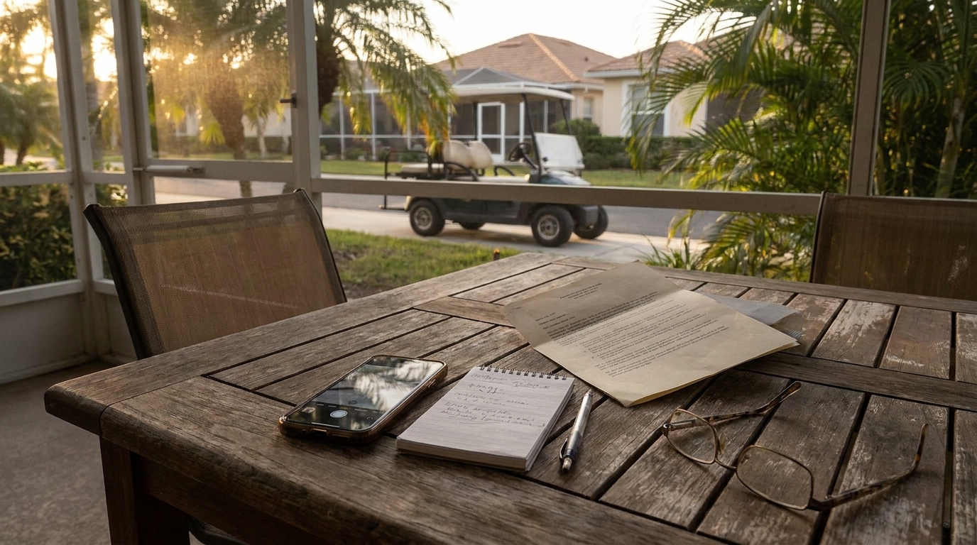 Documenting Golf Cart Accident Evidence The Villages FL outdoor patio table with smartphone, notepad, pen, glasses, and legal documents