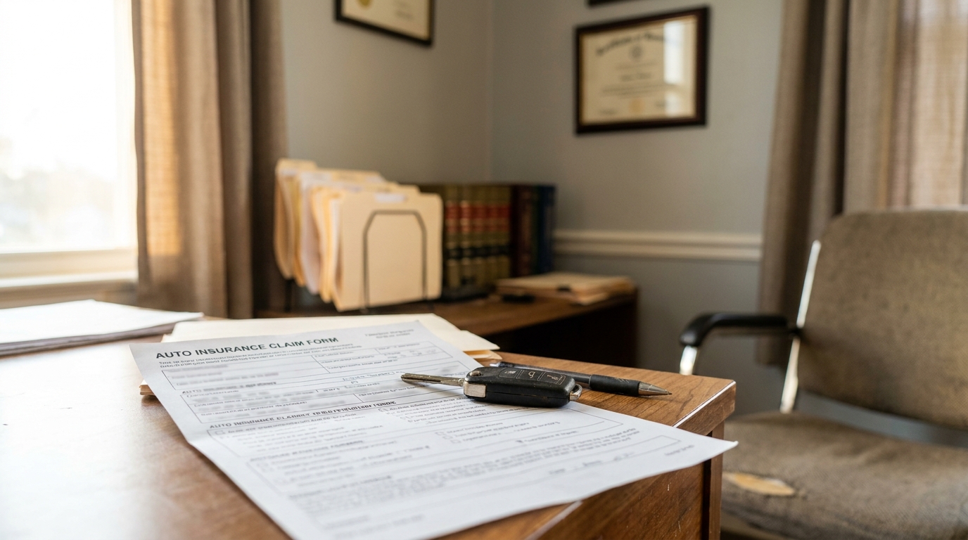 Tupelo Auto Insurance Claim Form on Attorney Desk Auto Insurance Claim Form with car keys and pen on law office desk