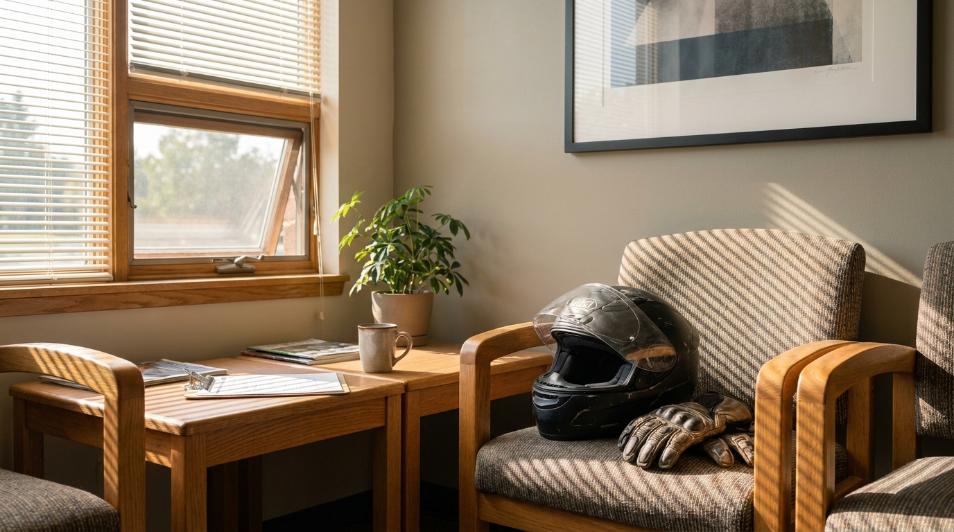 Motorcycle Helmet and Gloves in Attorney Office The Villages FL motorcycle helmet and riding gloves resting on waiting room chair beside table