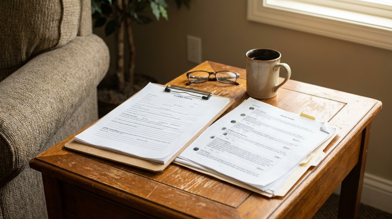 Arizona Catfishing Defense Intake Form Legal Consultation intake form on clipboard beside legal documents, eyeglasses, and coffee mug