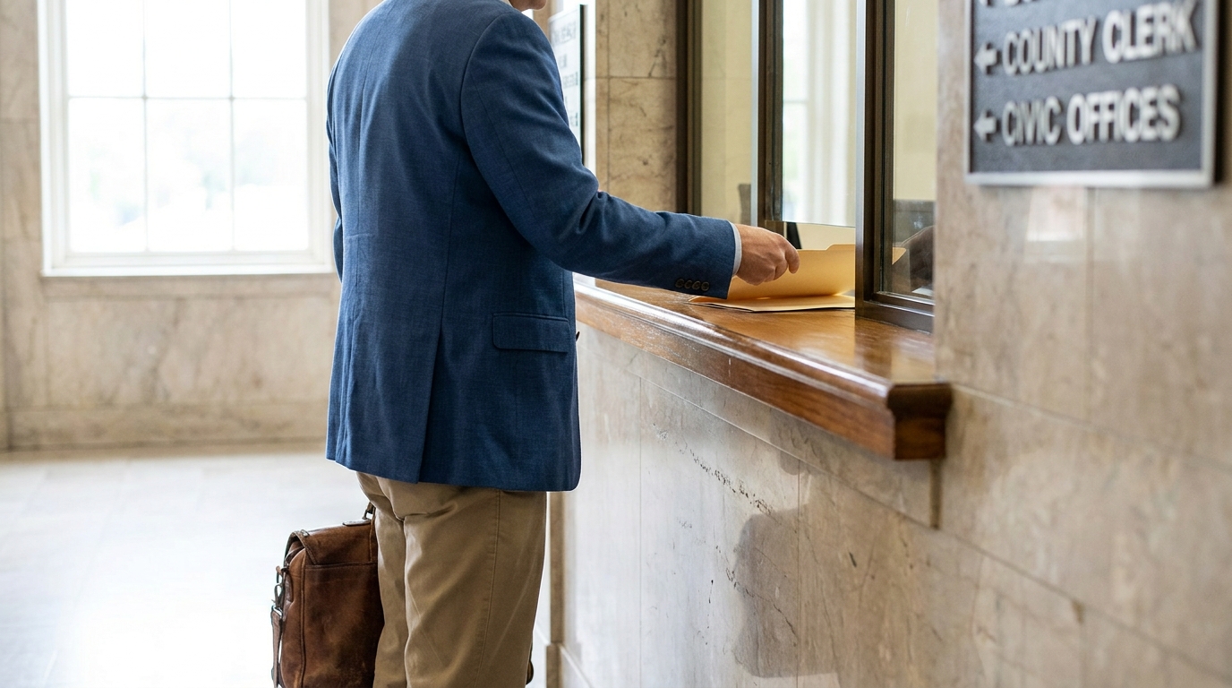 Lawyer Filing Injury Claim at Jackson Mississippi County Clerk attorney submitting documents at County Clerk civic offices courthouse counter