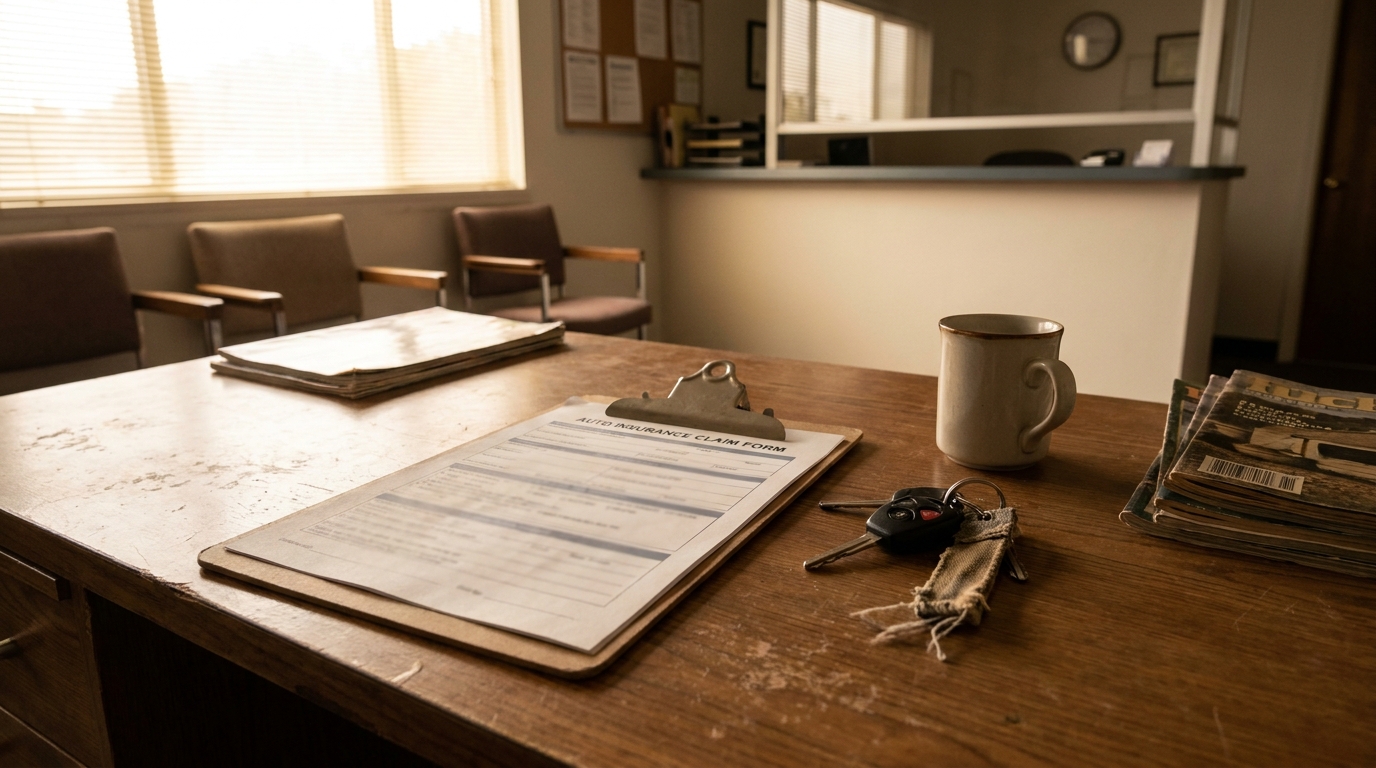 Tupelo Auto Insurance Claim Form and Car Keys auto insurance claim form on clipboard with car keys on waiting room desk