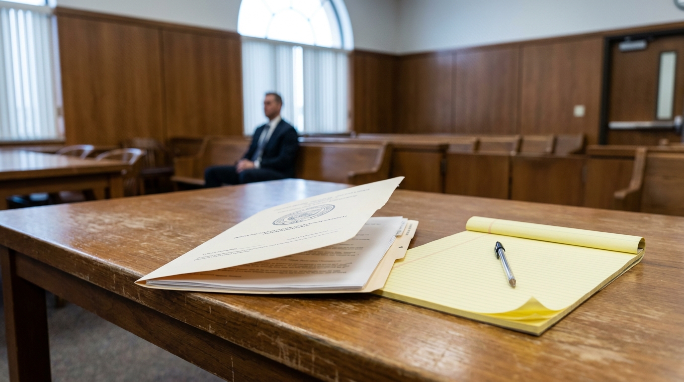 legal documents and notepad with pen on courtroom table, suited attorney seated in background