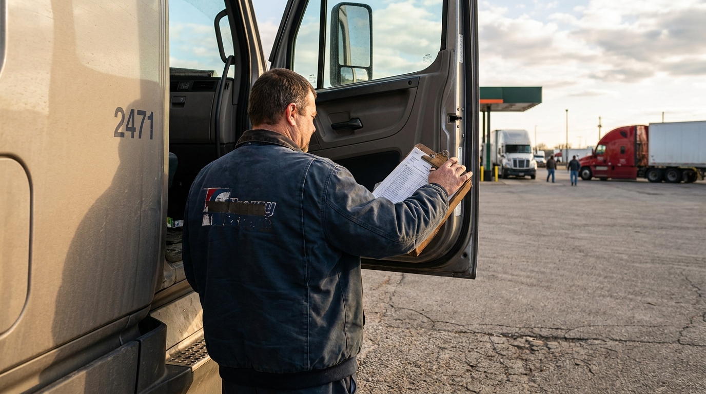 Semi-Truck Driver Reviewing Clipboard at Decatur Alabama Trucking Stop truck driver reviewing clipboard documents beside semi-truck numbered 2471 at commercial lot