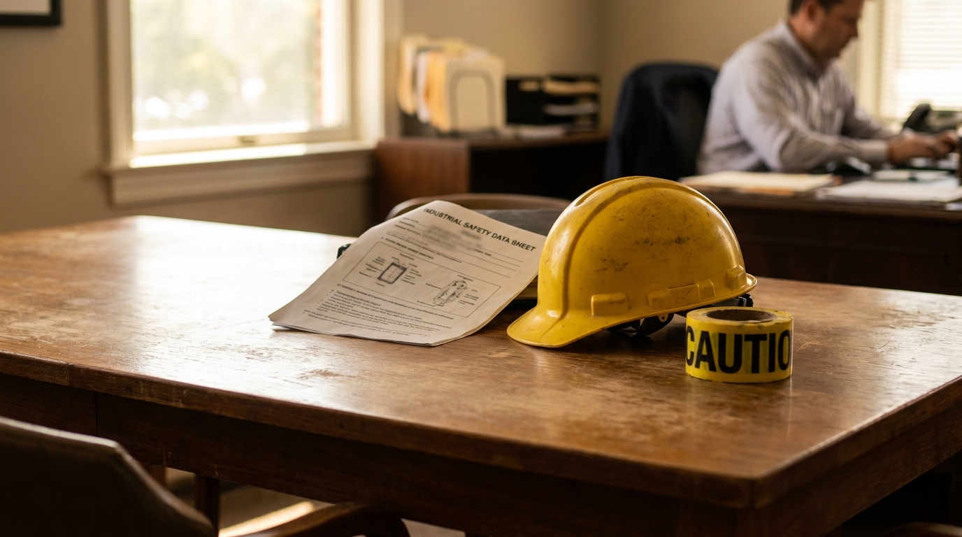 hard hat, caution tape, and industrial safety data sheet on office desk