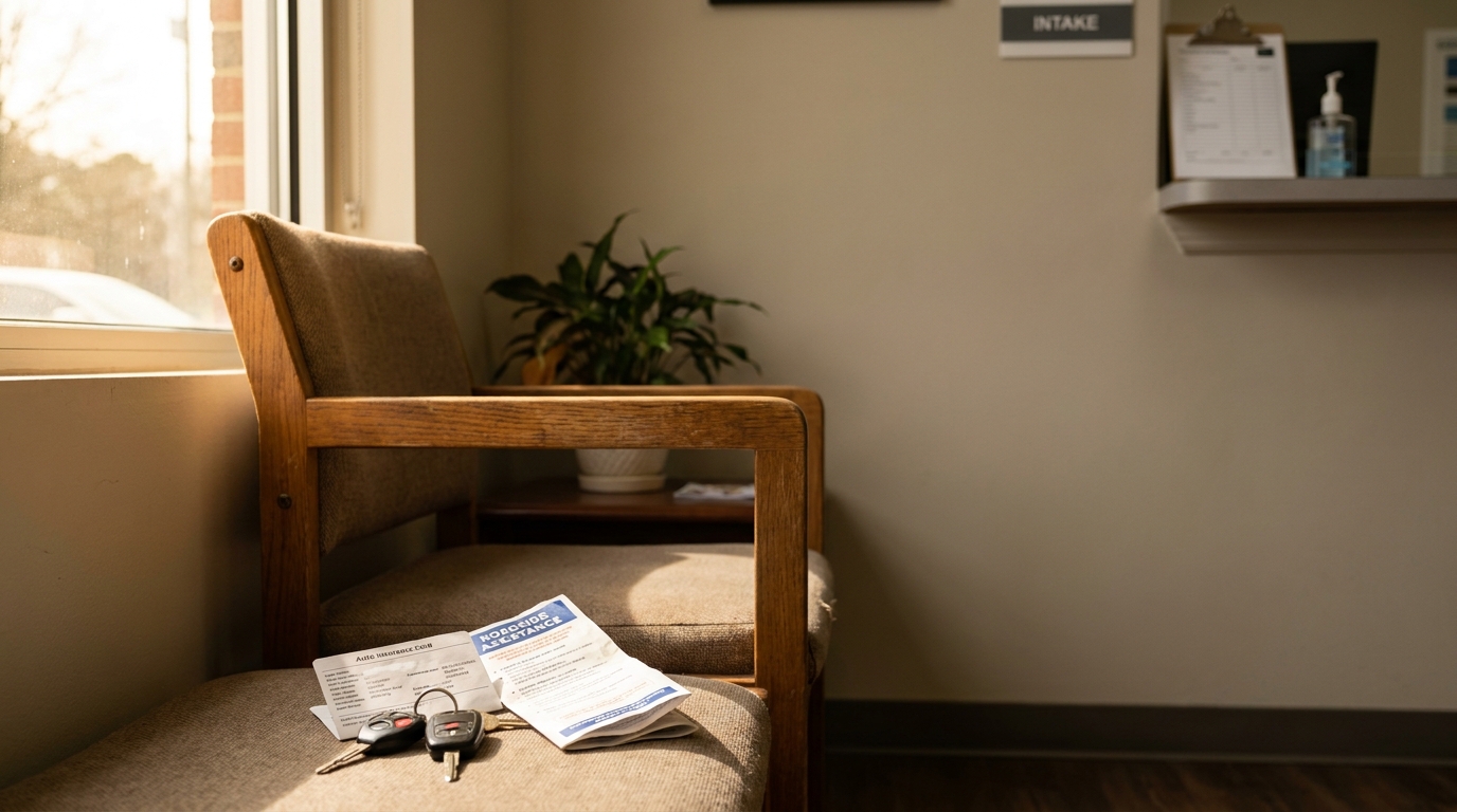 Atlanta Car Accident Victim Waiting at Personal Injury Law Office waiting room chair with car keys, auto insurance card, and roadside assistance pamphlet