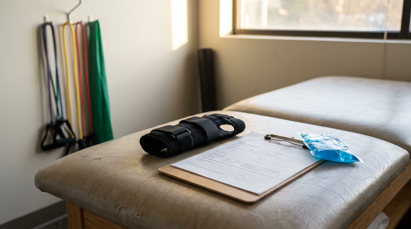 Atlanta Workers Comp Medical Benefits Therapy Room wrist brace, intake form clipboard, and ice pack on physical therapy treatment table