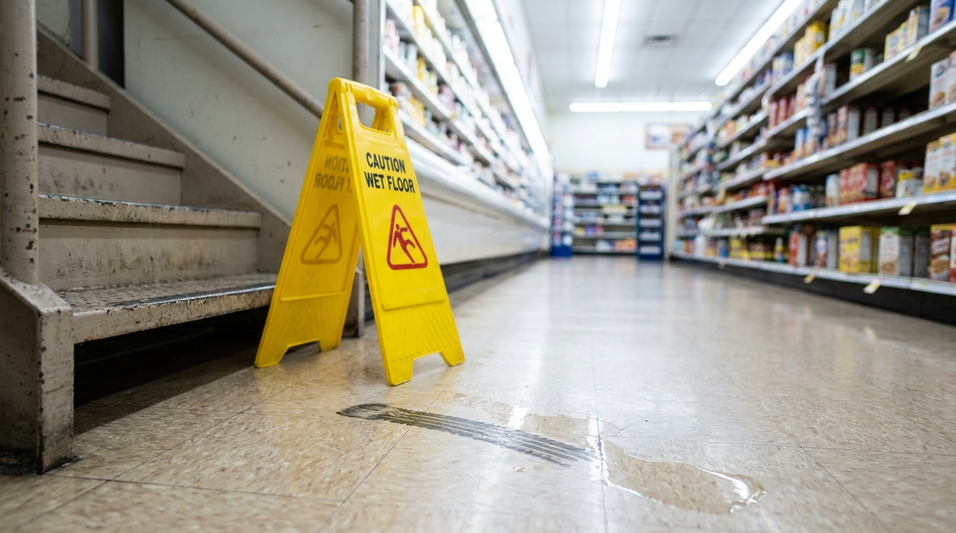 Caution Wet Floor sign beside puddle and stairs in grocery store aisle