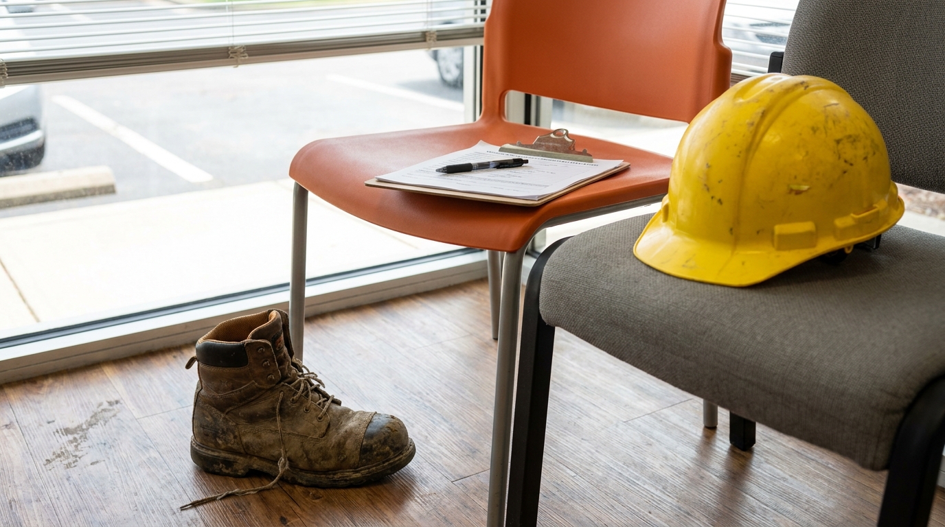 Atlanta Worker Filing Georgia Workers Comp Claim construction hard hat and worn work boot beside clipboard with form on chair