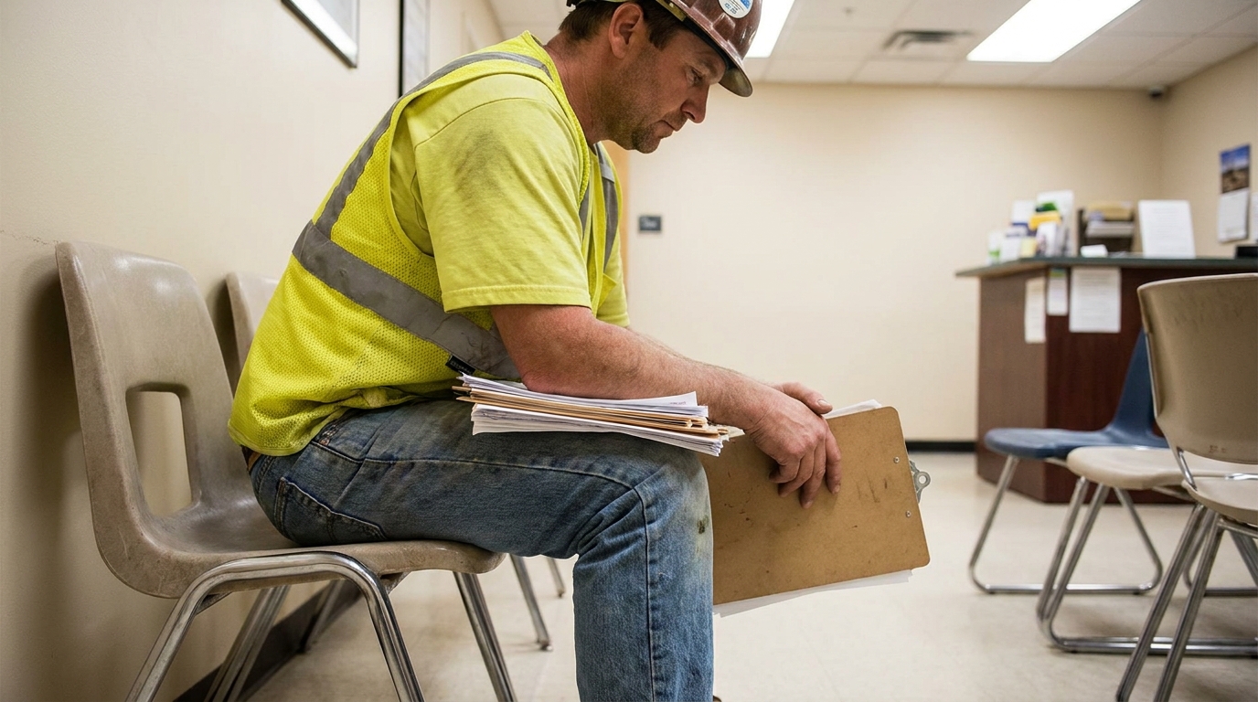 construction worker in hard hat holding clipboard and documents in waiting room