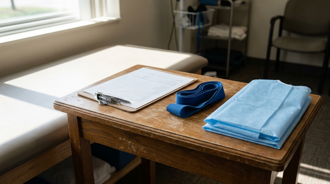 medical exam room table with clipboard, tourniquet strap, and folded gown
