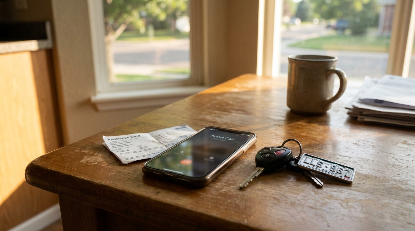 Centennial Colorado Car Accident Steps Phone Insurance Card Keys smartphone showing Active Call screen beside insurance card and car keys on wooden table