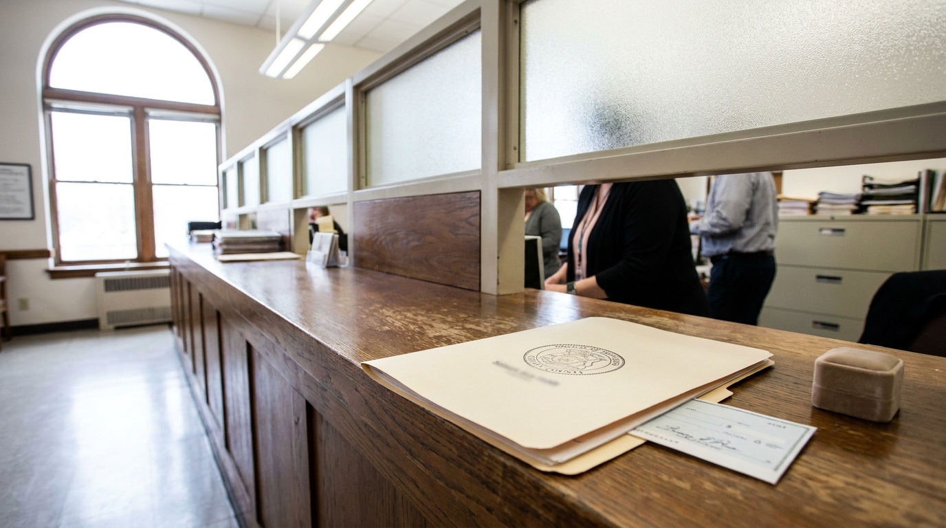 Flint Probate Court Small Estate Affidavit Filing official sealed document and check resting on courthouse clerk counter with staff visible