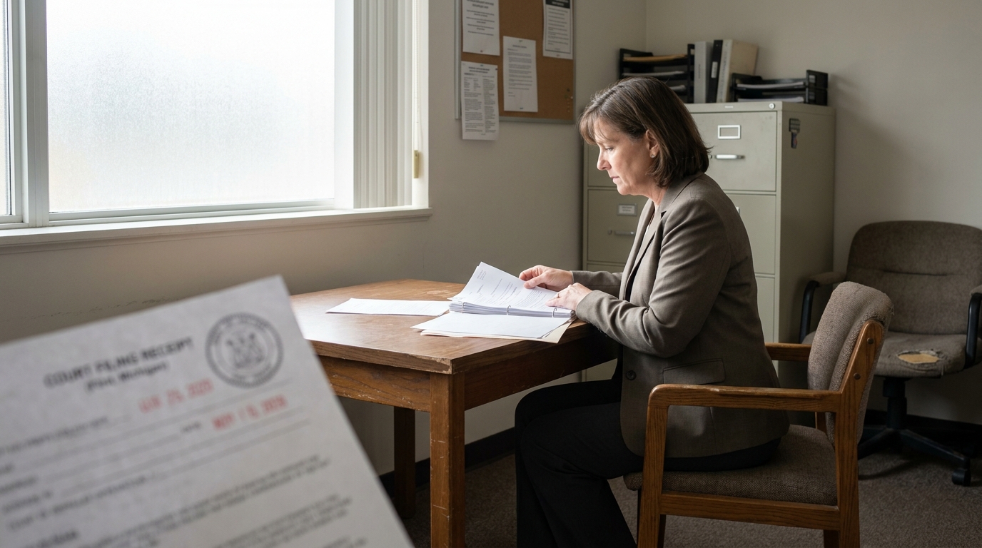 attorney reviewing legal documents at desk with court filing receipt in foreground